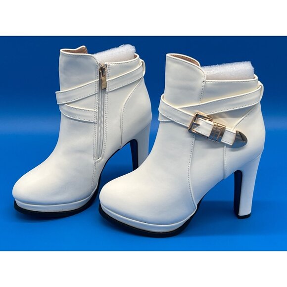 White High Heel Ankle Boots With Buckle & Zipper Size 38 - Picture 1 of 14